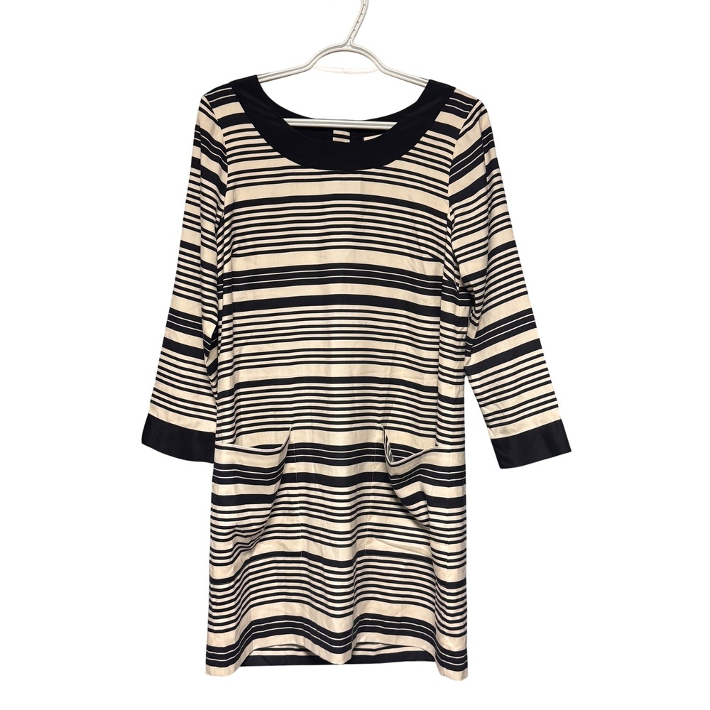 J.Crew Women Jules Navy Cream Striped 100% Silk Shift Dress 76937 Size 6 NWT